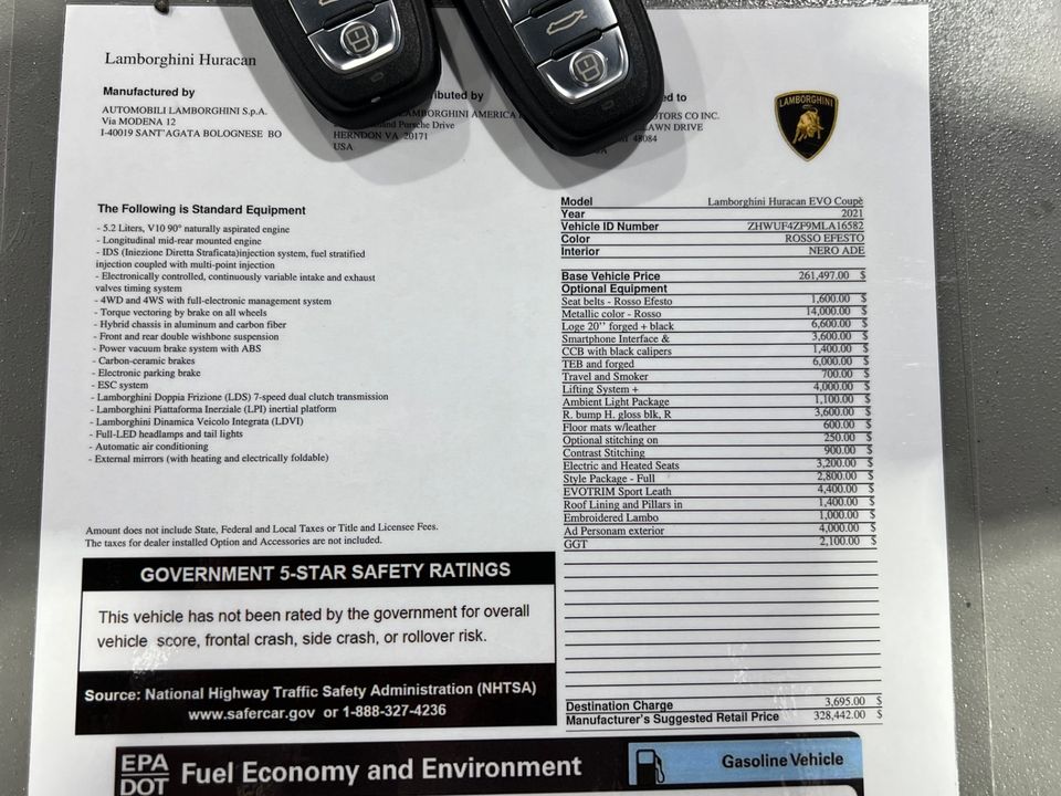 2021 Lamborghini Huracan EVO 2DR COUPE AWD ORIG MSRP $328,442.