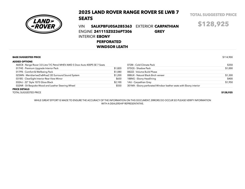 2025 Land Rover Range Rover SE P400